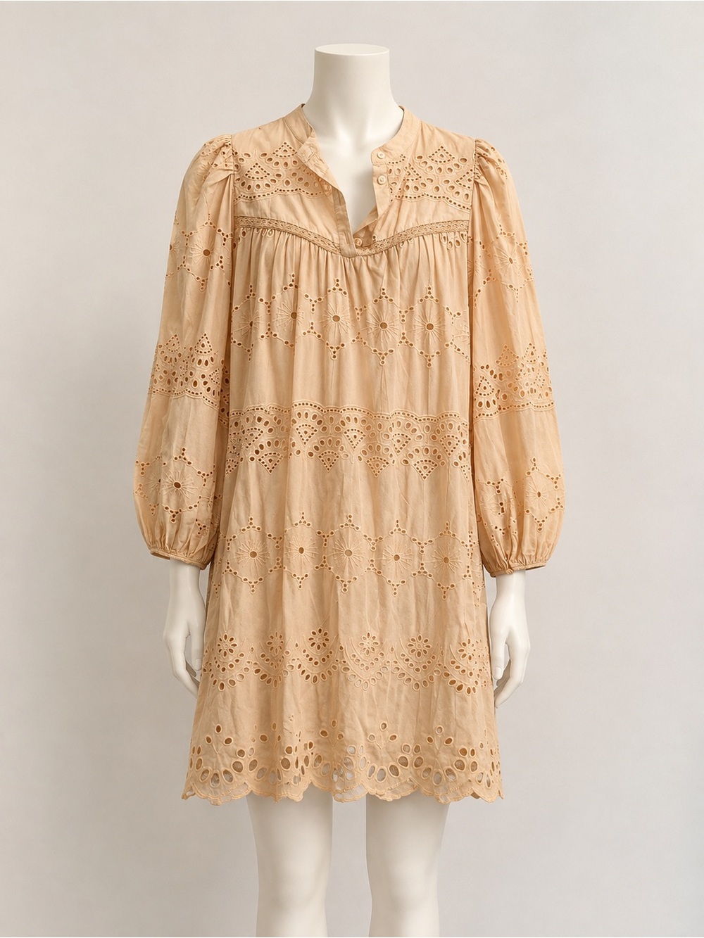 Universal Thread Beige Eyelet Split-Neck Mini Dress